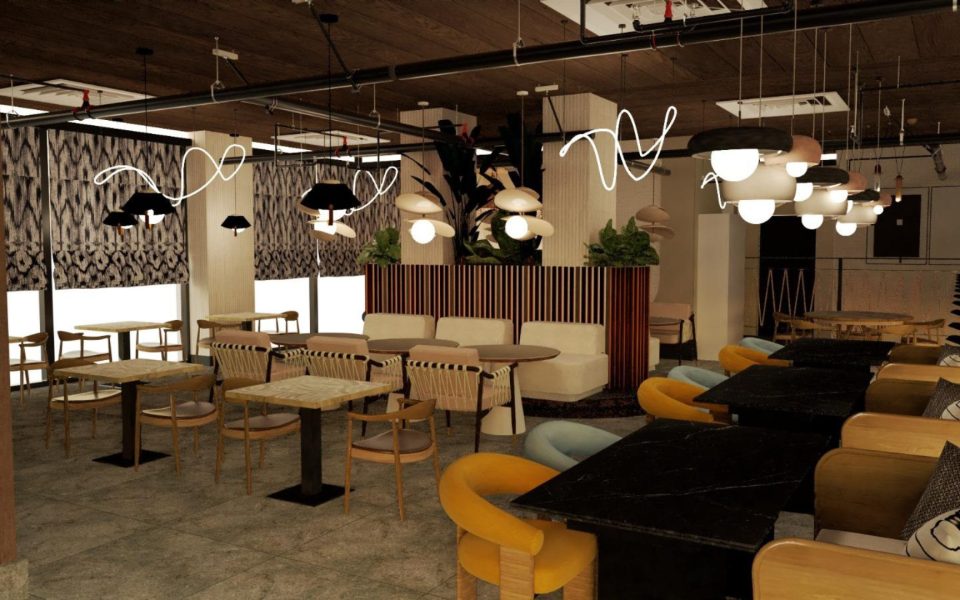 Sala del restaurante Aura con mesas y lámparas colgantes